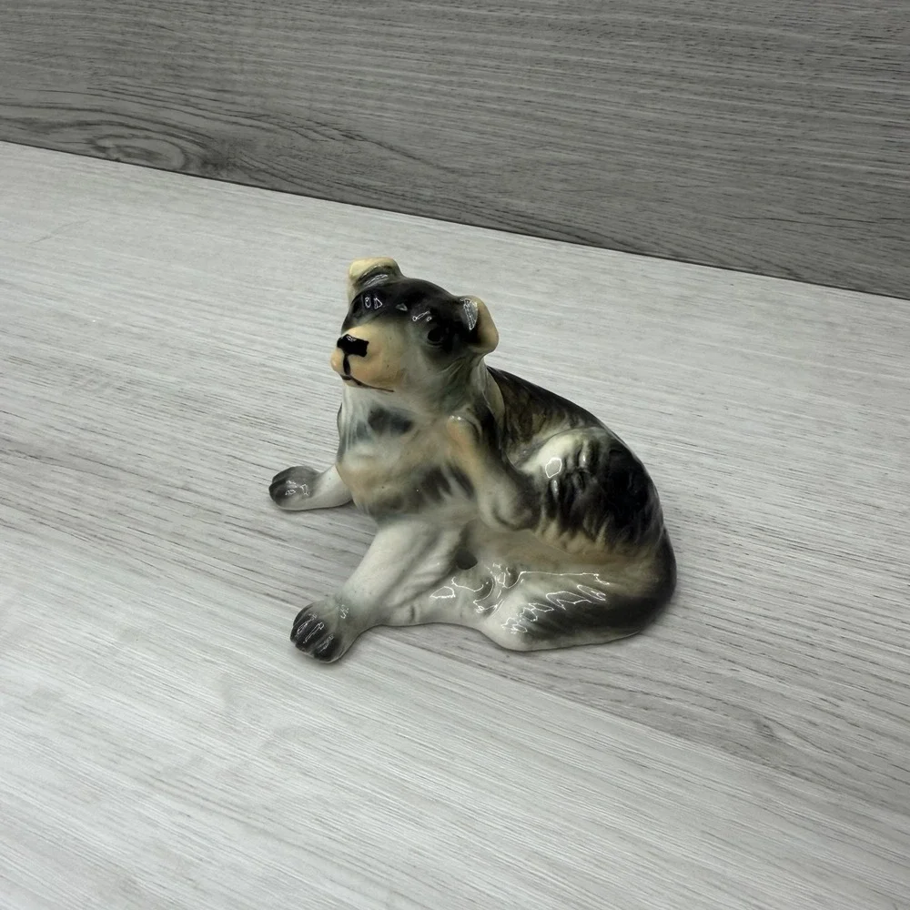 Porcelain Dog Figurine Collie Puppy Gray Black Tan Glazed Marked Base 3inch